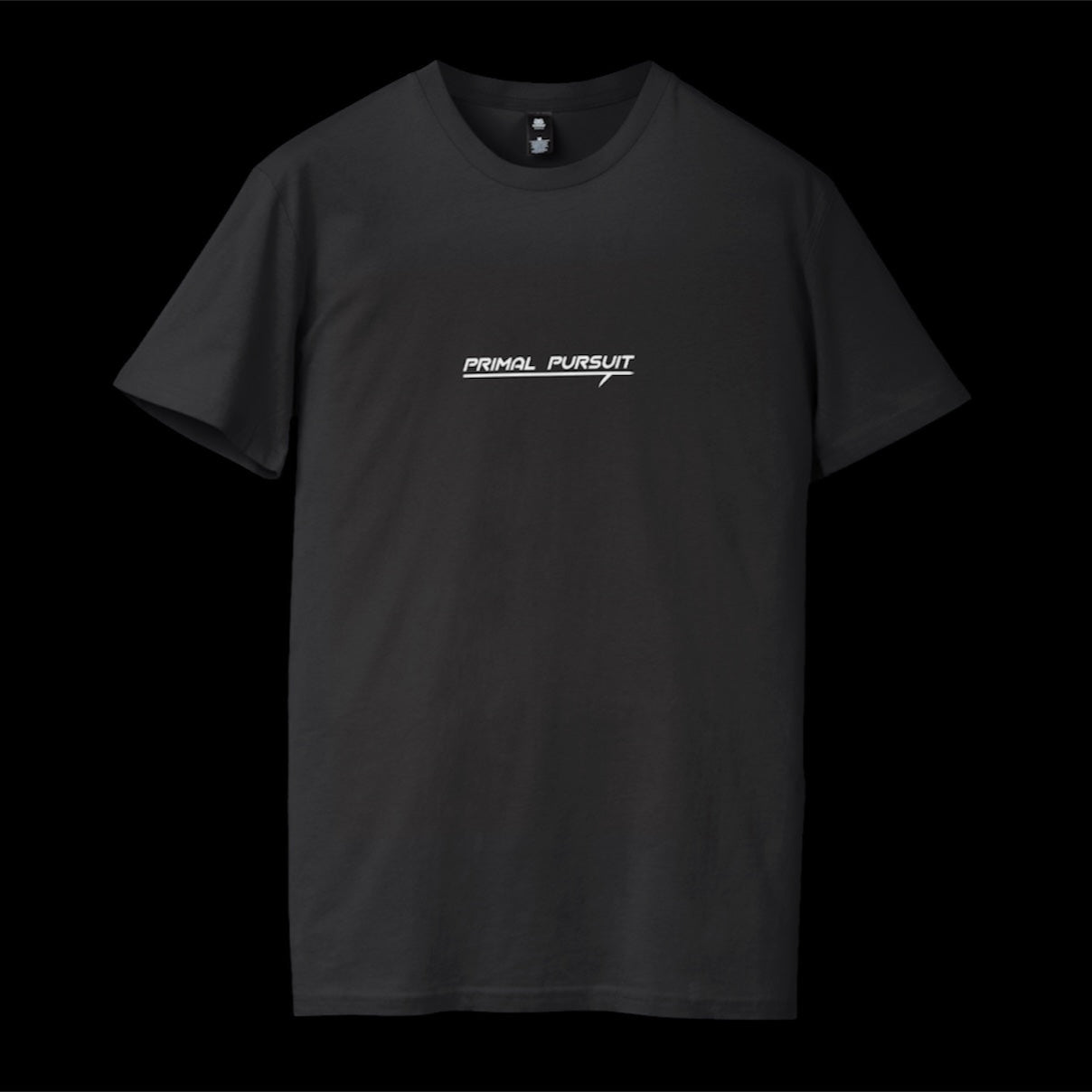 Black t-shirt with a white logo on a black background