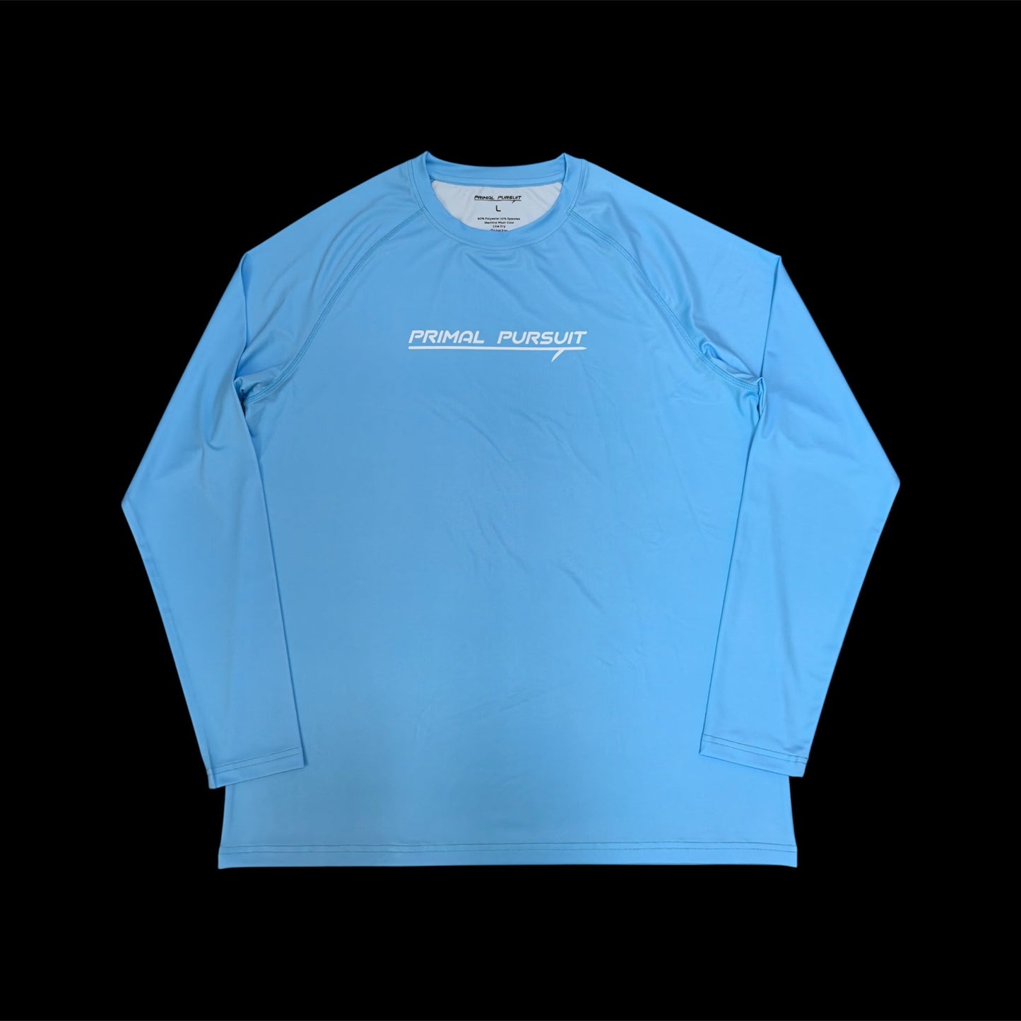 Blue long-sleeve shirt with 'Primal Pursuit' logo on a black background