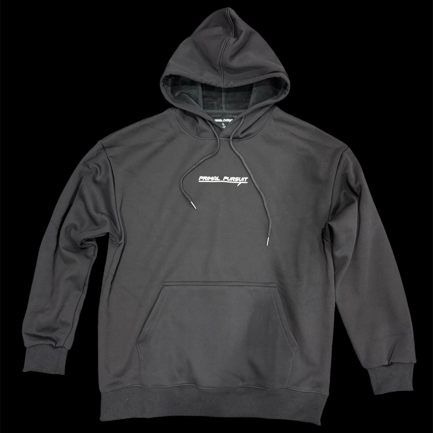 Black hoodie with a blue white spearfishing logo on the back screen printed. small whiter primal pursuit logo on the front centre chest