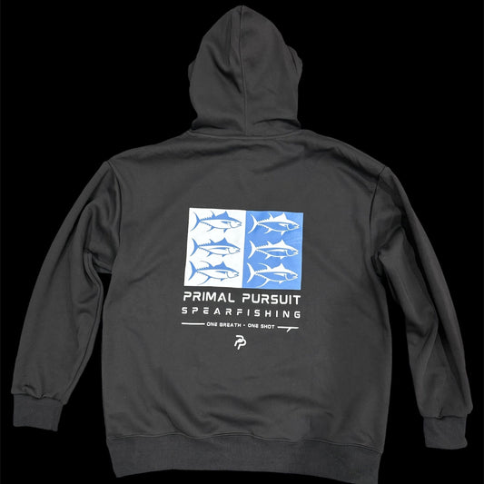 Black hoodie with a blue white spearfishing logo on the back screen printed. small whiter primal pursuit logo on the front centre chest