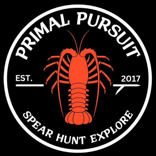 Logo of Primal Pursuit with a red lobster illustration on a black background