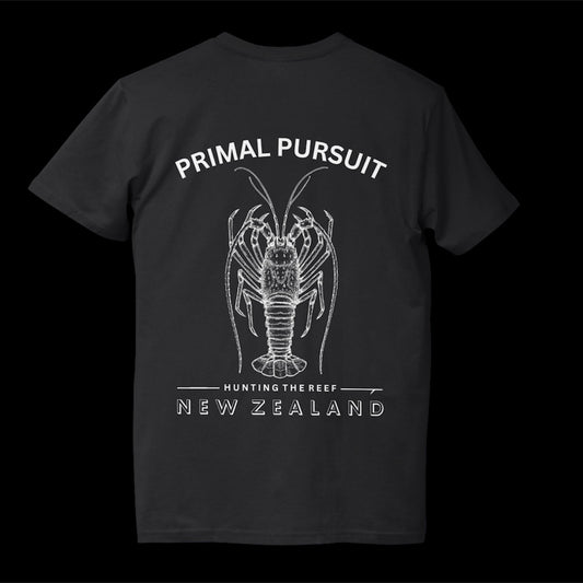 Black t-shirt with white graphic design and text on a black background