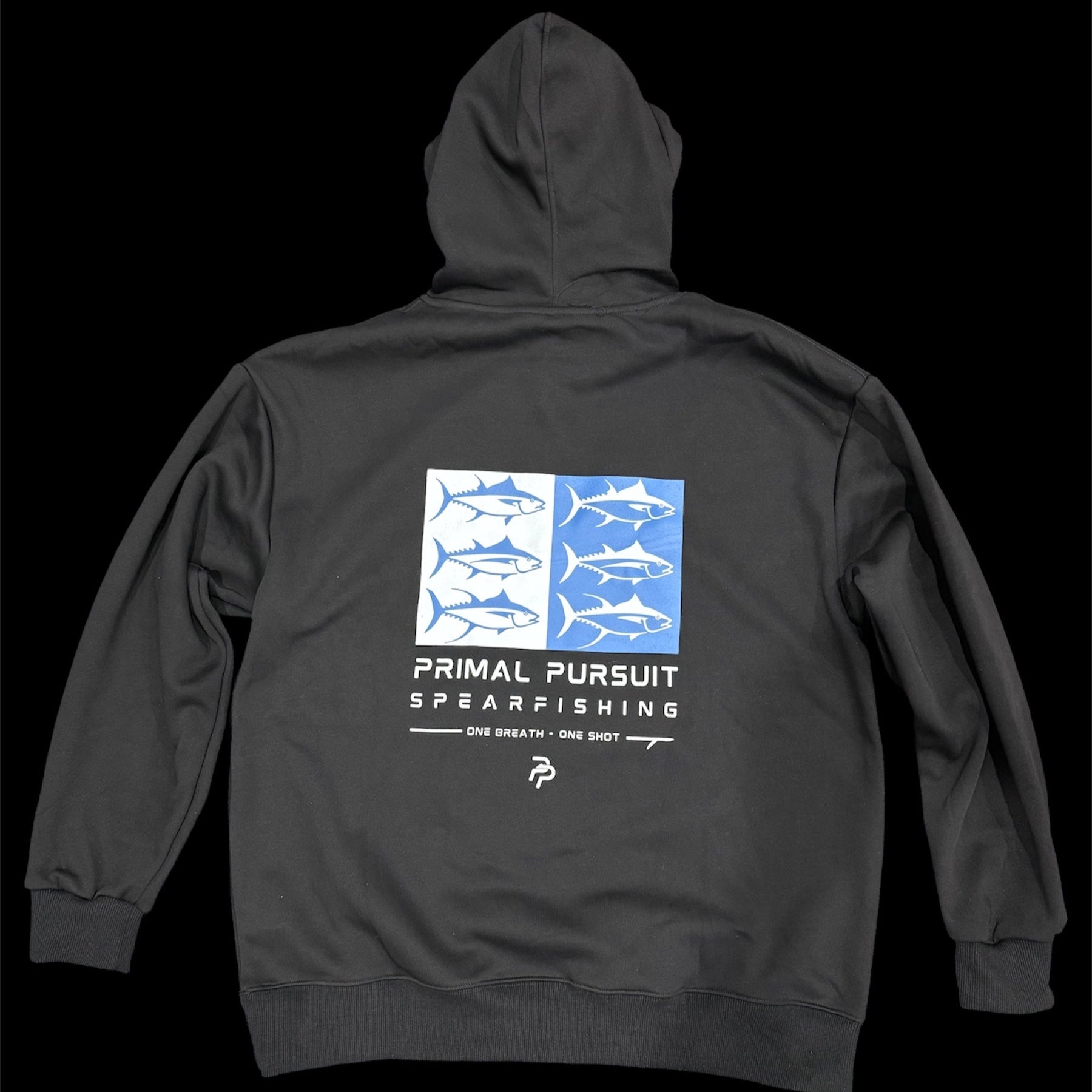 Black hoodie with a blue white spearfishing logo on the back screen printed. small whiter primal pursuit logo on the front centre chest